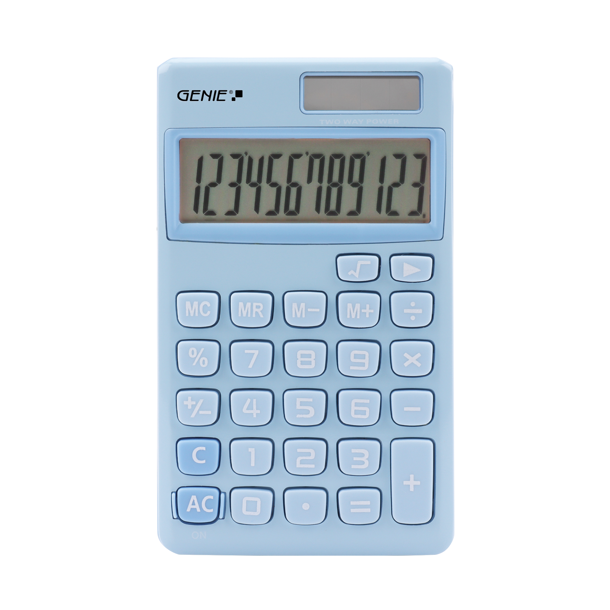 12-digit pocket calculator with dual power (solar and battery), blue