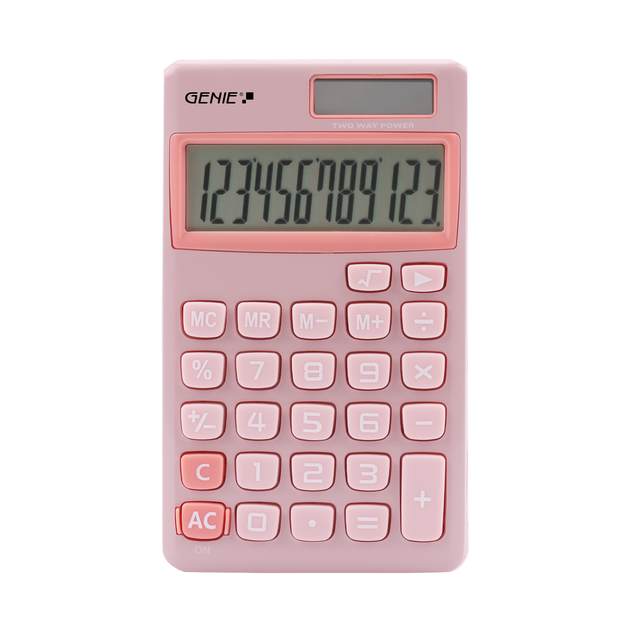 12-digit pocket calculator with dual power (solar and battery), pink