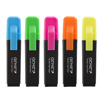 Textmarker je 1x neon gelb, orange, pink, blau, grün, mit Keilspitze
5er Pack Strichbreite ca. 1-5 mm, einzeln Entnehmbar