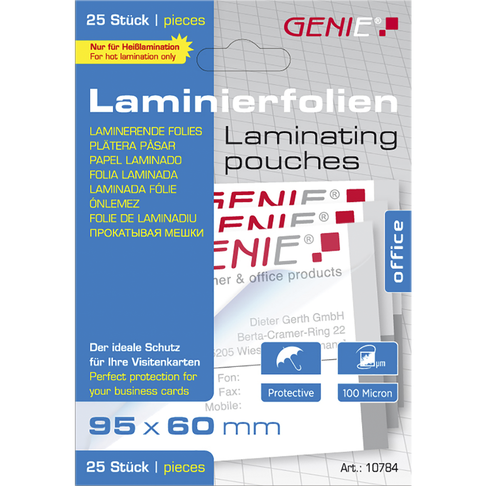Laminating pouches (100 microns in business card format 95 x 60 mm) 25 pack